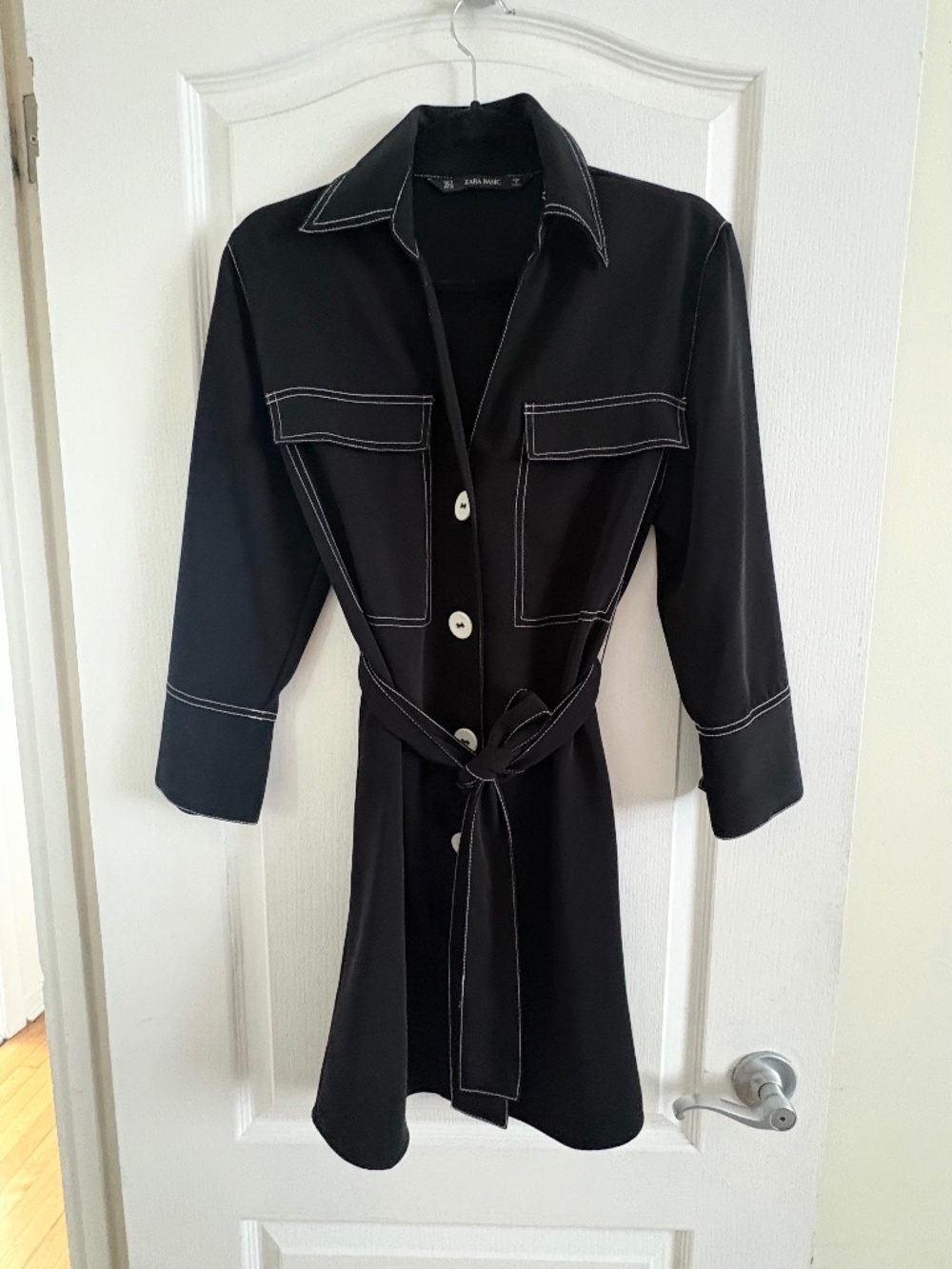 Black Contrast Stitch Belted Shirt Dress